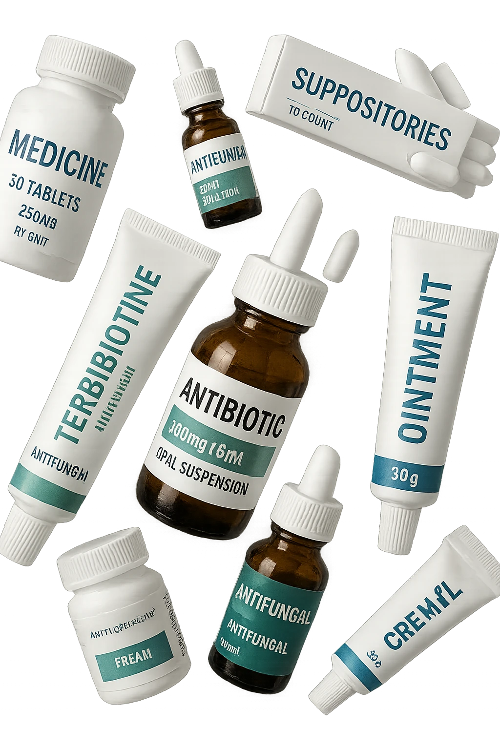 boccette di farmaci fluttuano in aria: creme, ovuli o antimicotici, IPERREALISTICO 4K emoji