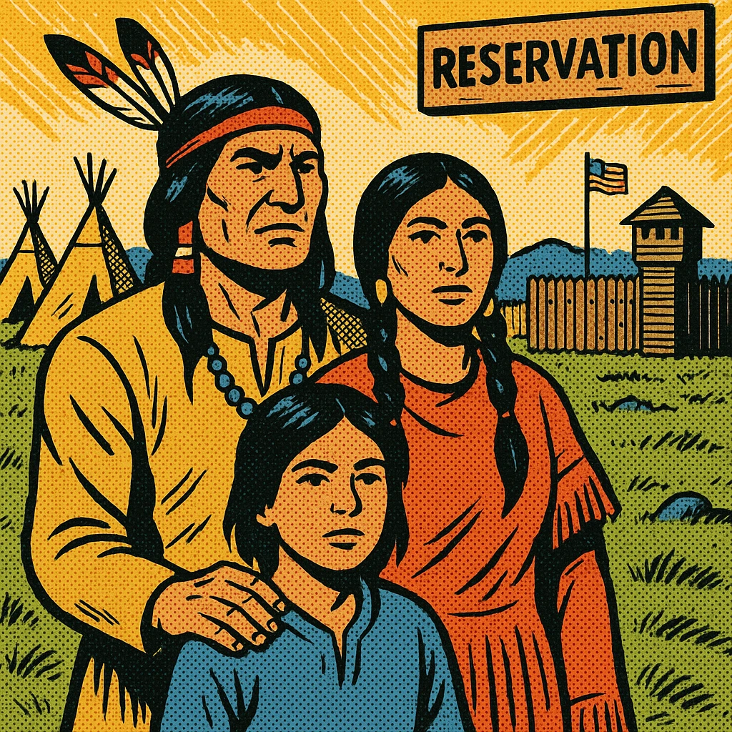 A native American family in the 1860s on reservation land in the American West. In the background are tepees, an American Army wooden fort and a wooden sign which says RESERVATION emoji