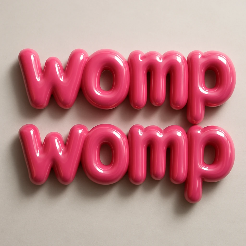 Make the 'womp womp' text look like glossy pink material in a photorealistic style with natural lighting and reflections, no cartoon effects. emoji