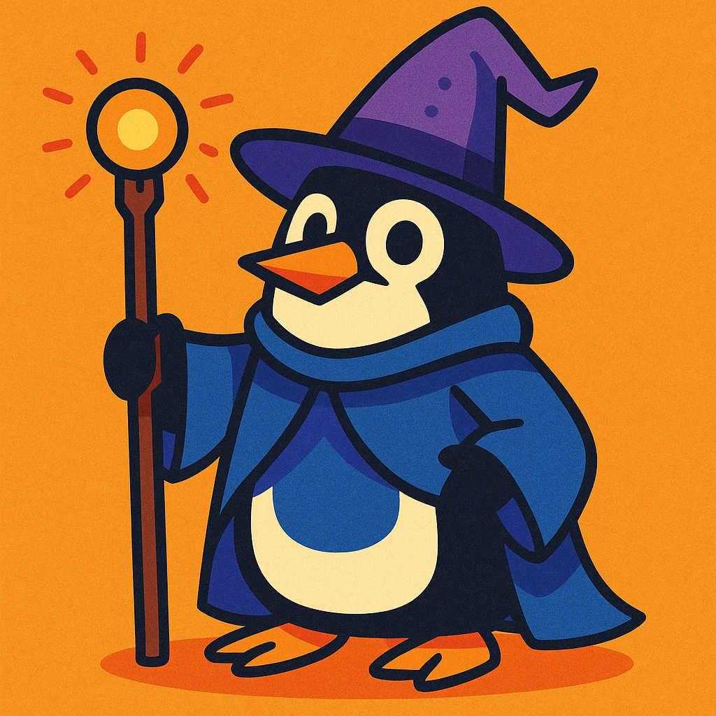 a penguin dressed as a wizard, with a pointy hat and a magic staff, in a fun and whimsical style emoji