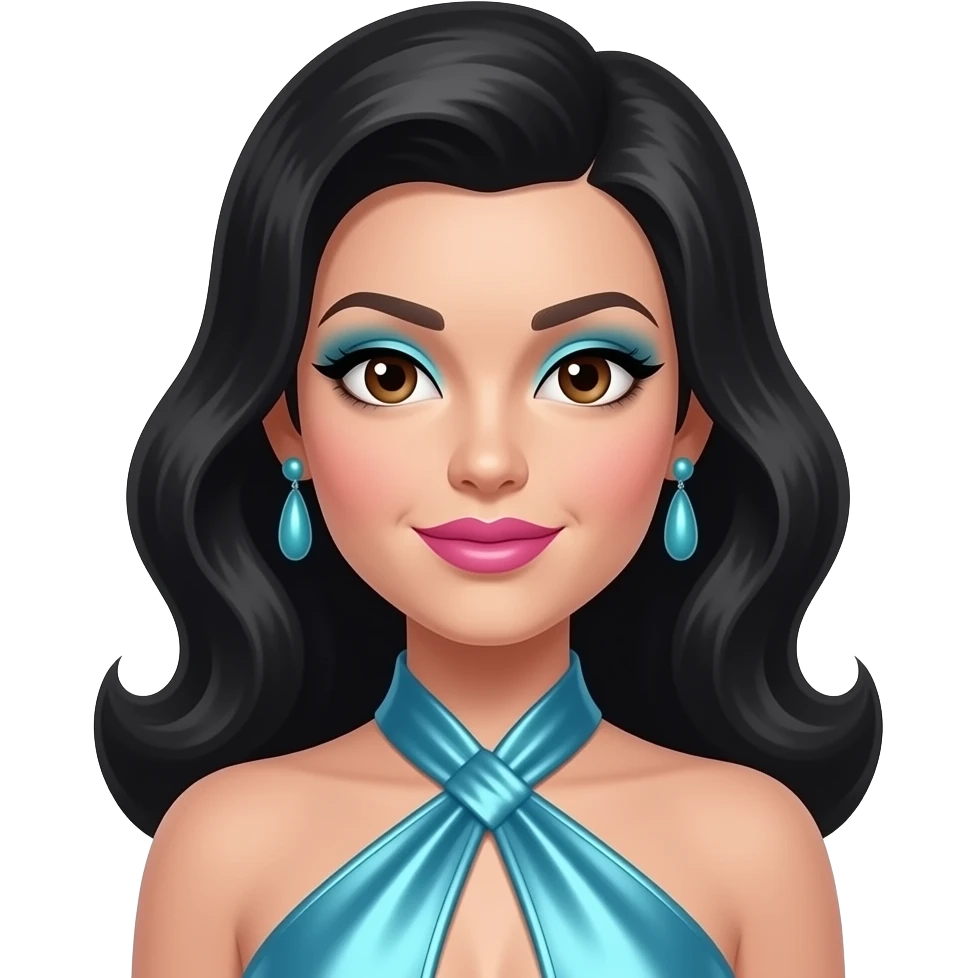 Cher with brown eyes, long black 60s beehive hair, cyan eyeshadow, pink lipstick, cyan metallic halter dress, cyan earrings emoji