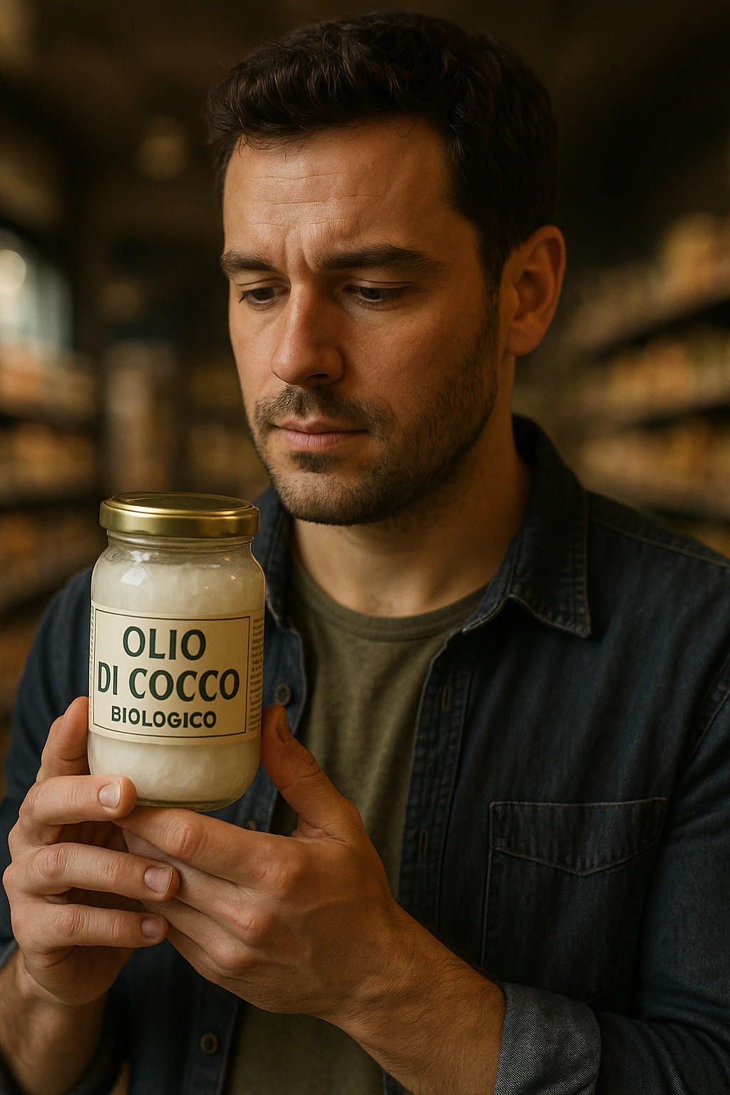 realistic and cinematic style portrait of a man consciously choosing organic coconut oil, face similar to reference photo, holding a jar with label 'Olio di Cocco Biologico', vertical 2:3 aspect ratio, no other text emoji