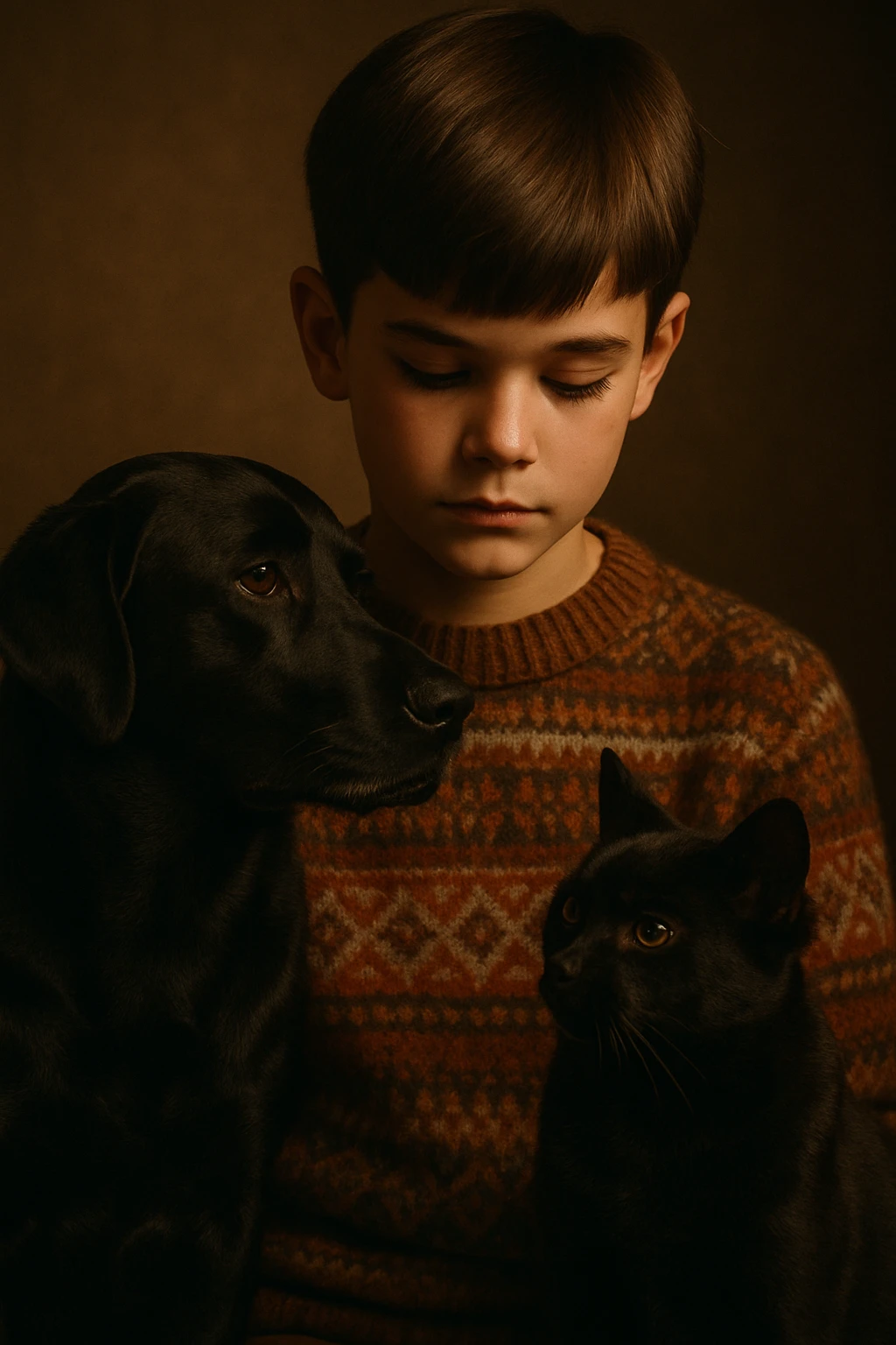 A kid with a chiseled jawline, brown eyes, and flat brown hair facing down, wearing a vintage sweater, standing with a black dog and a black cat. emoji