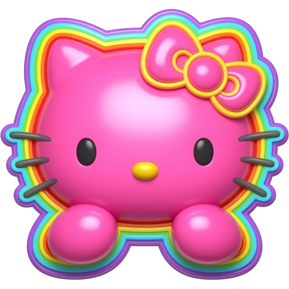 Hello kitty in neon hot pink 3D style hello kitty in bright hot pink, in 3d with all colors of the rainbow as a border outlined around each letter, isolated, 3d rendering, no emoji icons no emoji faces and must have no human figures emoji