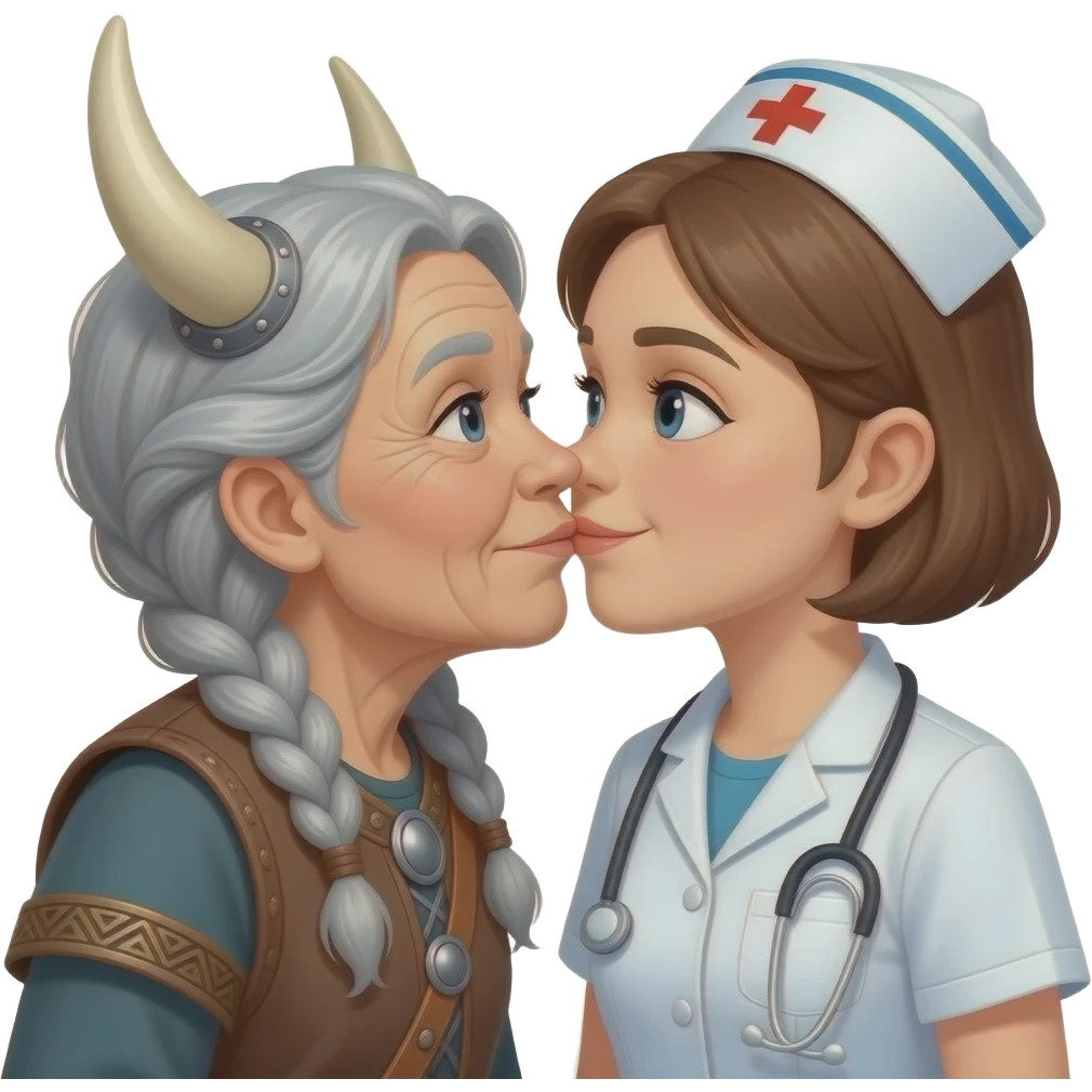 Viking gray braids old woman kissing old shortest hair brunette old nurse emoji