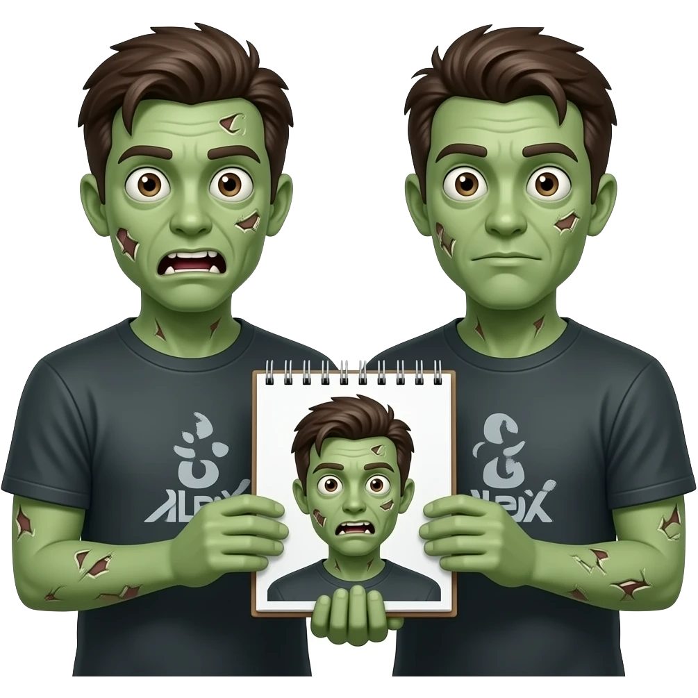 zombie green men in T shirt  holding Notepaper in two hands and showing emoji