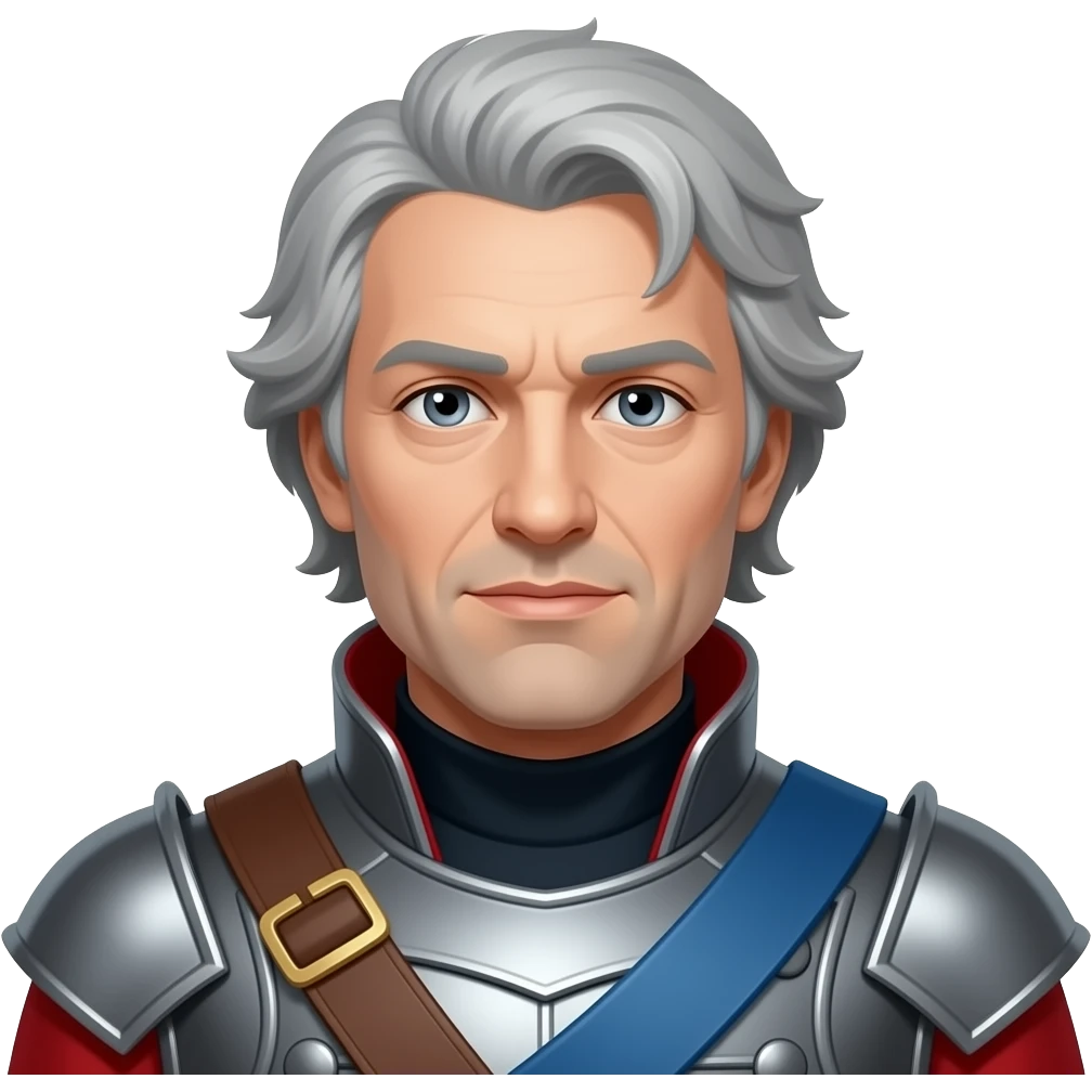 Jean Valjean from Les Mis with gray eyes, light gray hair, red and dark blue metallic outfit emoji