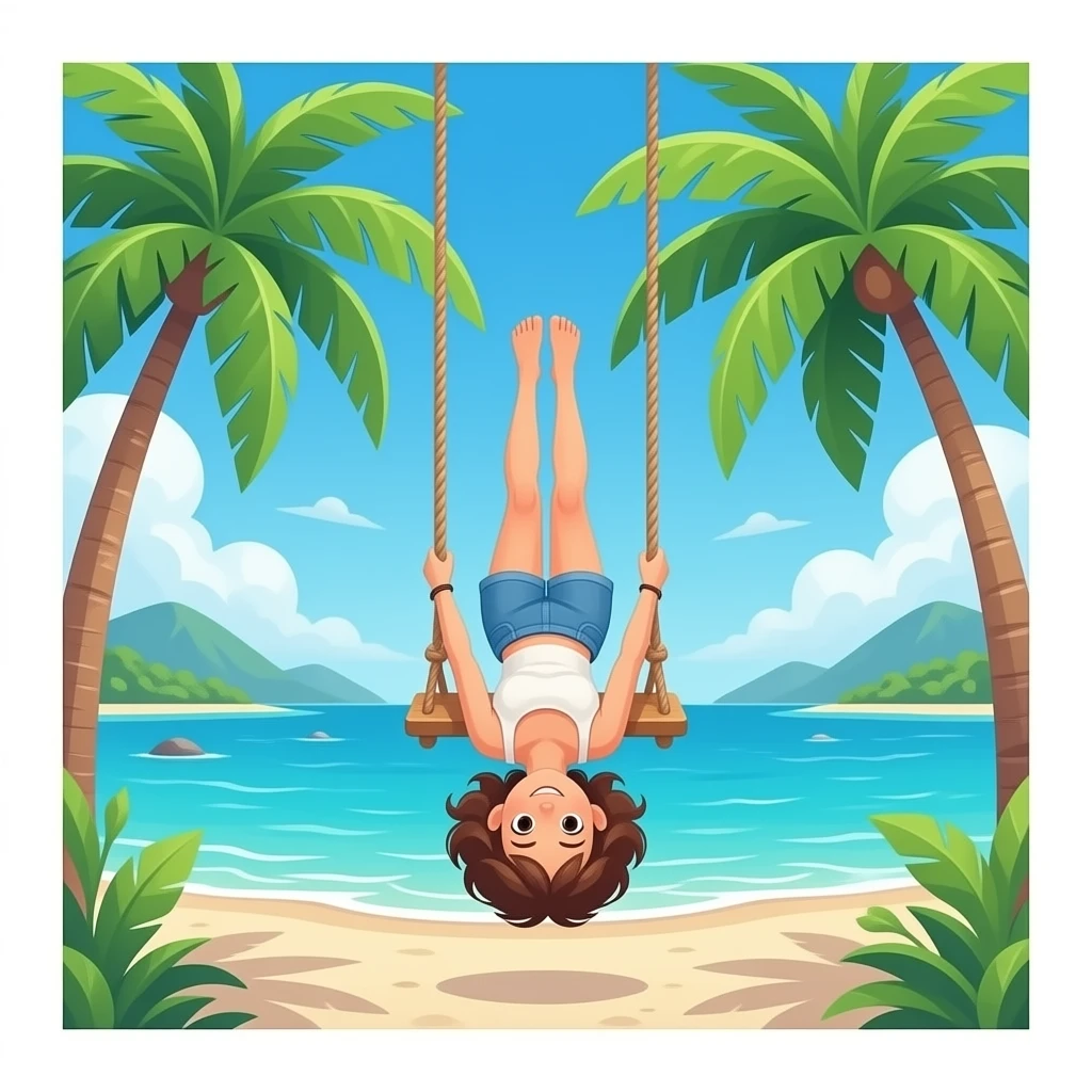 girl in a turquoise beach island hanging upside down from a swing emoji