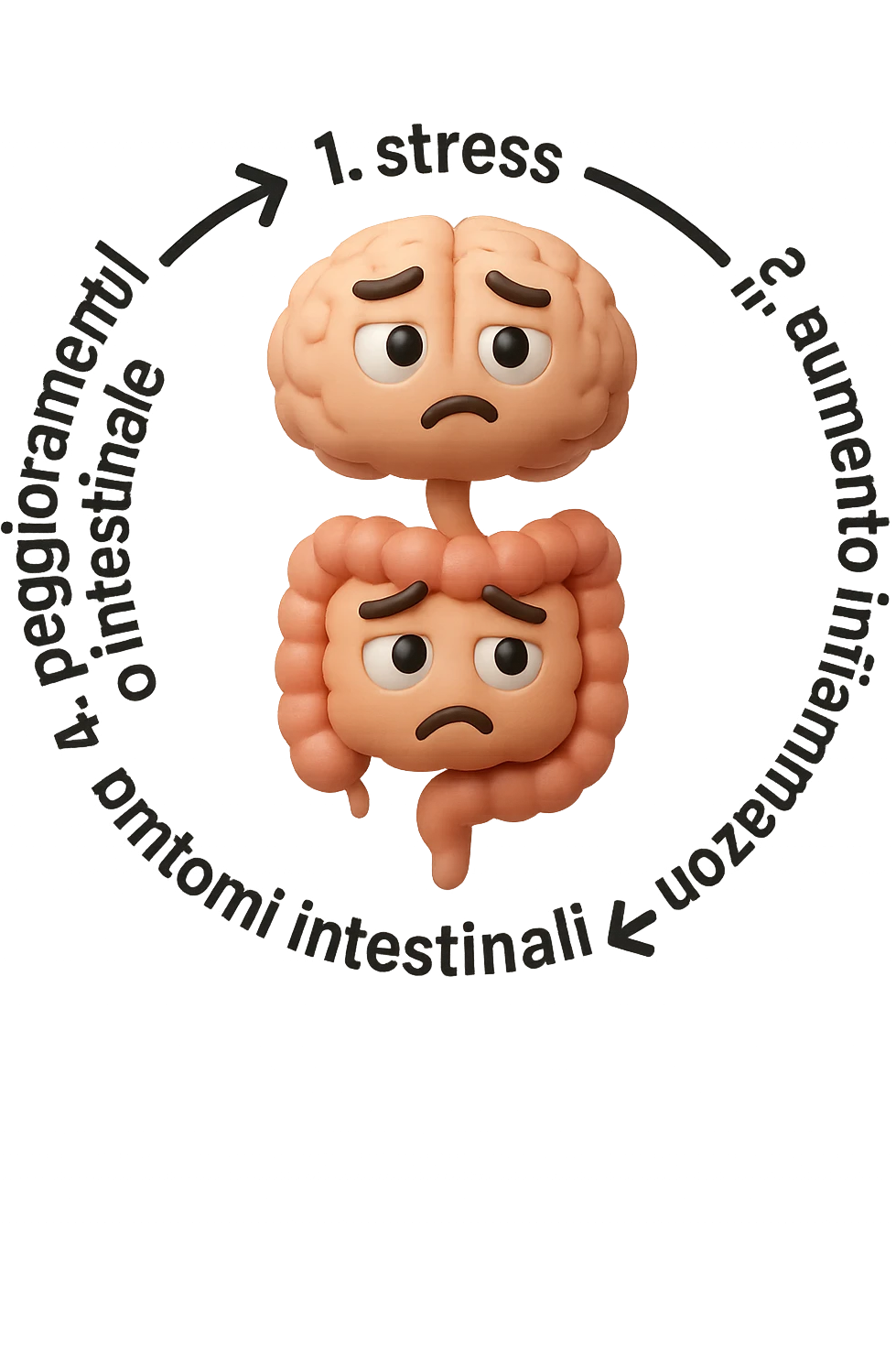 EMOJI STILE IPHONE 3D DI un cerchio con queste scritte che girano intorno in ordine per come li ho scritti "1. stress → 2. peggioramento intestinale → 3. aumento infiammazione → 4. peggioramento sintomi intestinali e sistemici." al centro del cerchio metti un cervello e intestino umani collegati verticalmente con espressione dubbiosa in volto, FALLO MOLTO REALISTICO IN 3D emoji