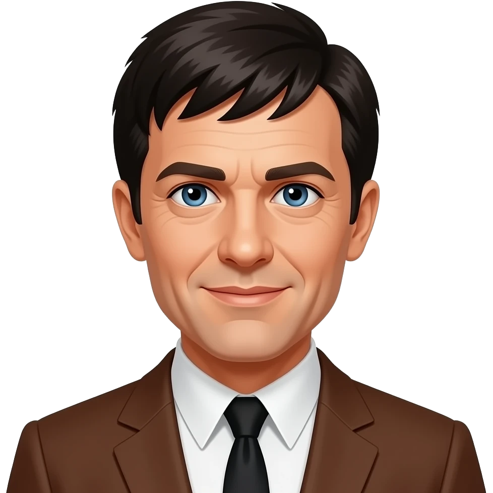 Oliver Reed with blue eyes, black 60s bang hair, brown hollywood suit emoji