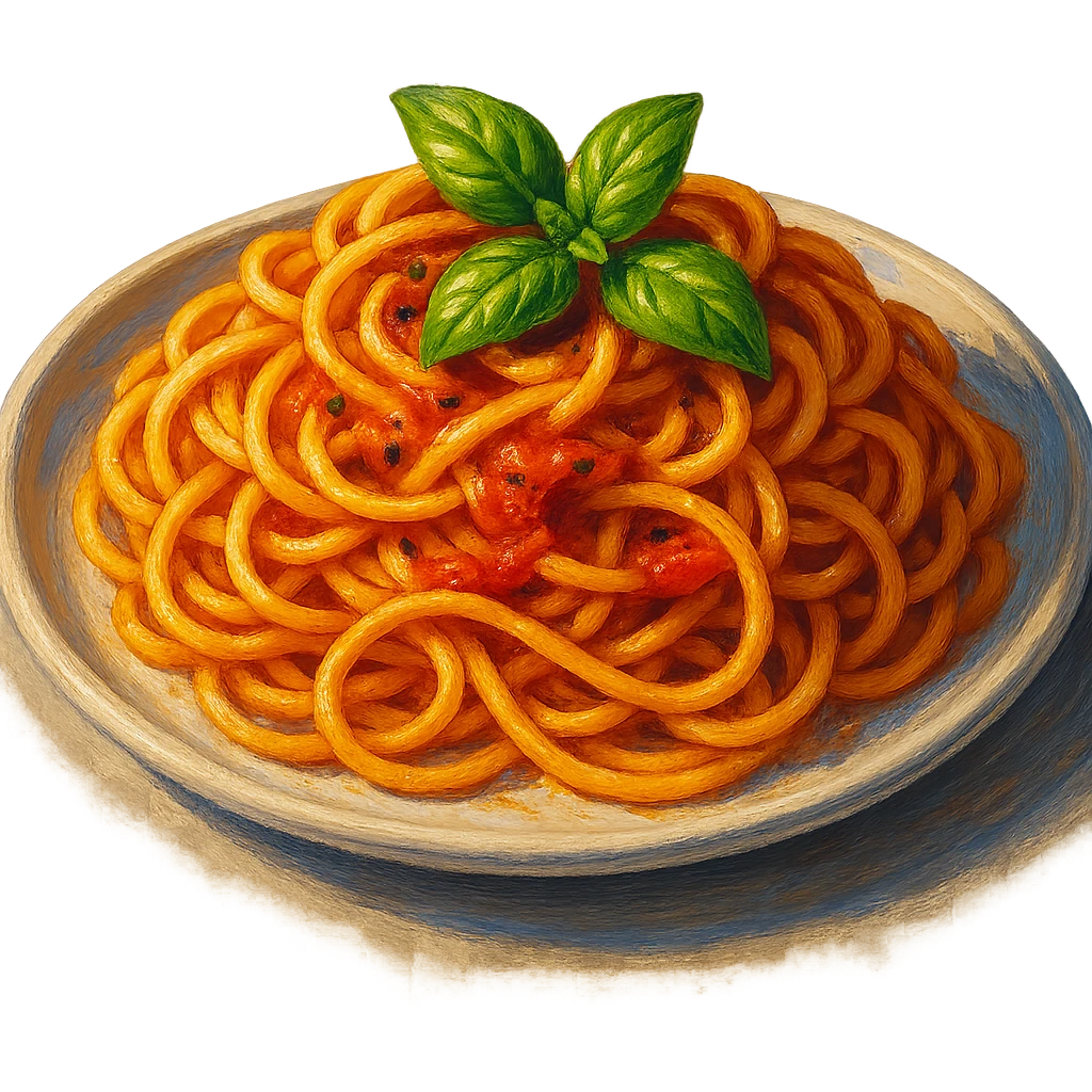 В слега рисованном, но при этом ярком и объемном стиле сгенерируй картинку сочной итальянской пасты, профессионально выставленный свет, который подчеркивает объем, прозрачный фон emoji