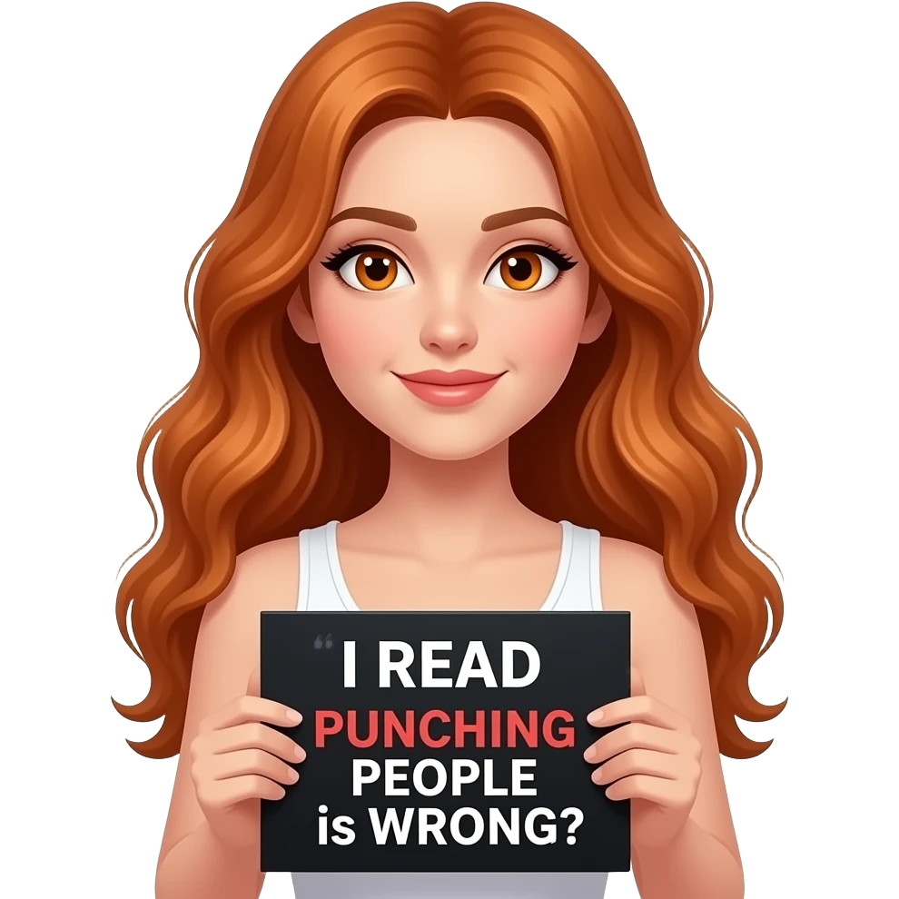 sexy girl with long wavy ginger hair and ginger eyes wearing a white tanktop is holding a black colored sign with I READ because PUNCHING PEOPLE is WRONG written on it emoji
