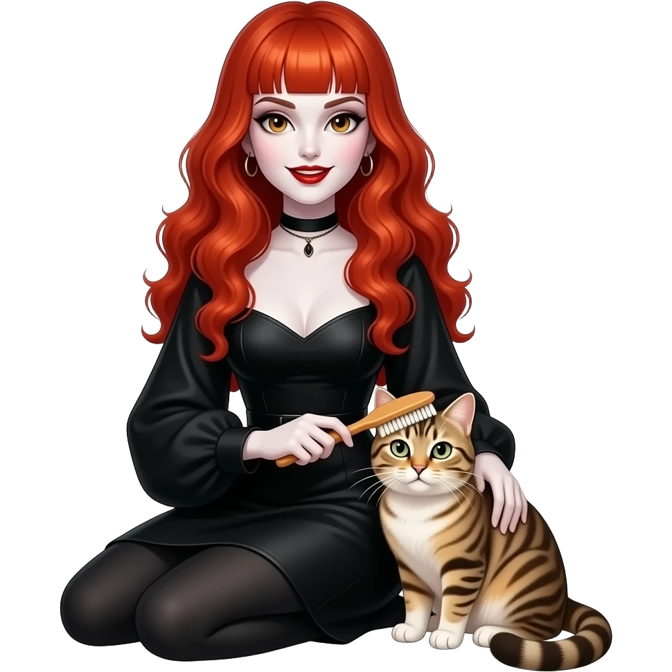 Vampiro femmina con pelle bianca capelli lunghi  rosso fuoco ondulati e la frangetta che indossa una vestito stretto in vita e largo sotto nero con maniche lunghe seduta che sa accarezzando un gattino accovacciato a ciambella emoji