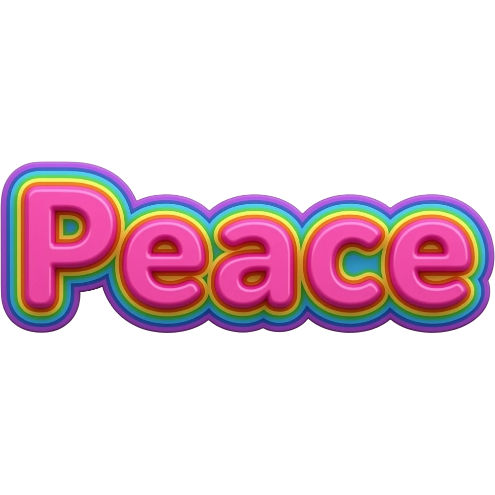 Exact woord "Peace" in bright vivid hot pink, in 3d style with all colors of the rainbow as a border outlined around each letter, isolated, 3d rendering, no emoji icons no emoji faces and must have no human figures emoji