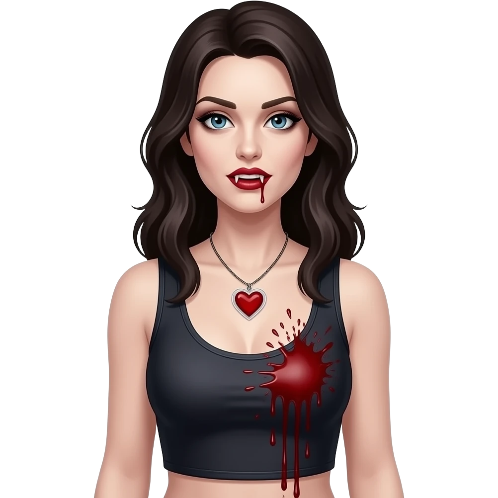 Quero uma mulher igual a personagem katherine Pierce  soq mais gótica e em forma de vampira com um colar de coração simples transparente com sangue lá dentro e sangue em suas presas e borrife sangue perto de seus seios, deixe ela com um top reto sem mangas e o colar menor emoji