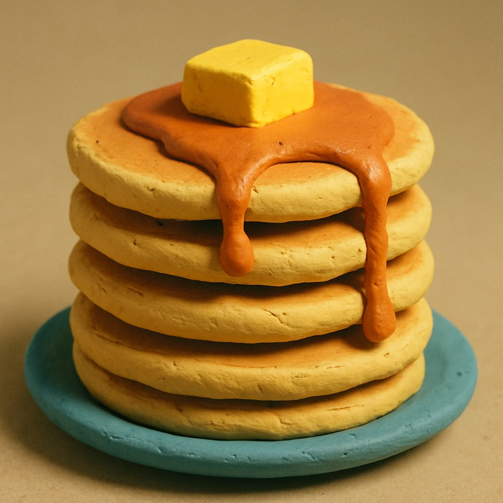 claymation style stack of pancakes with syrup emoji