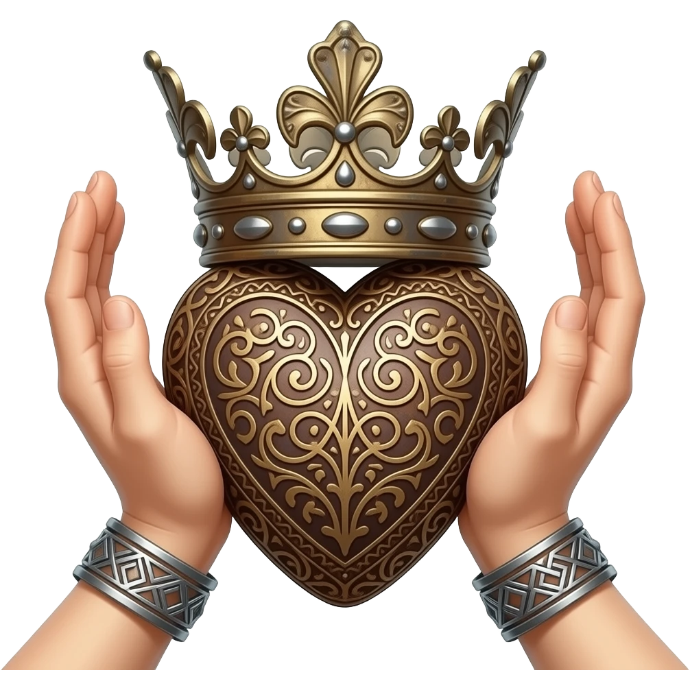 two elegant  hands with metal bracelets touch with their fingers a rusty heart richly ornamented with arabesques with a richly decorated royal crown,  (fingers are facing down and palms are facing up)   - dramatic lighting - backlight emoji