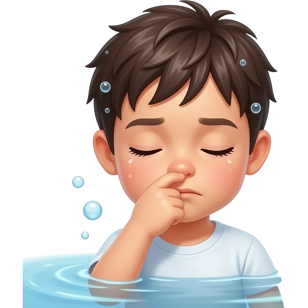 child holding nose with eyes closed under water emoji