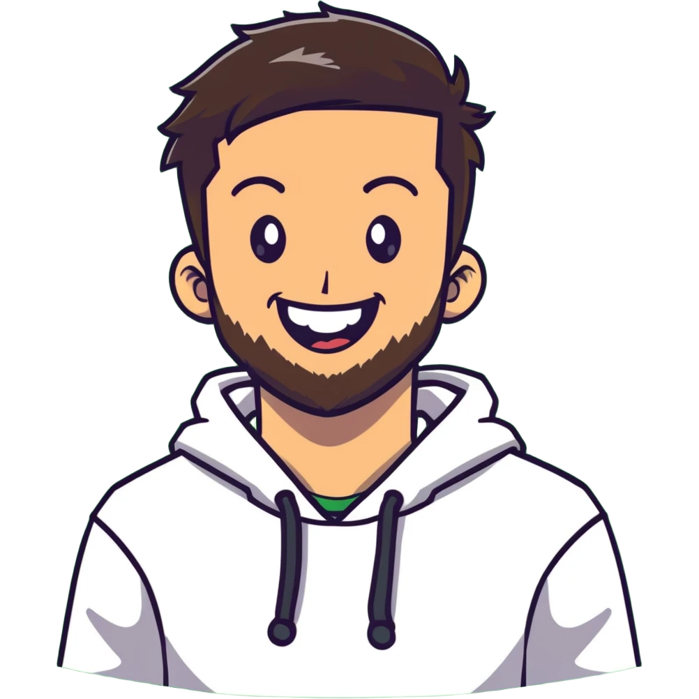 laughing guy with white hoodie, green t-shirt underneath, green eyes, dark brown undercut hairstyle and a short full beard emoji