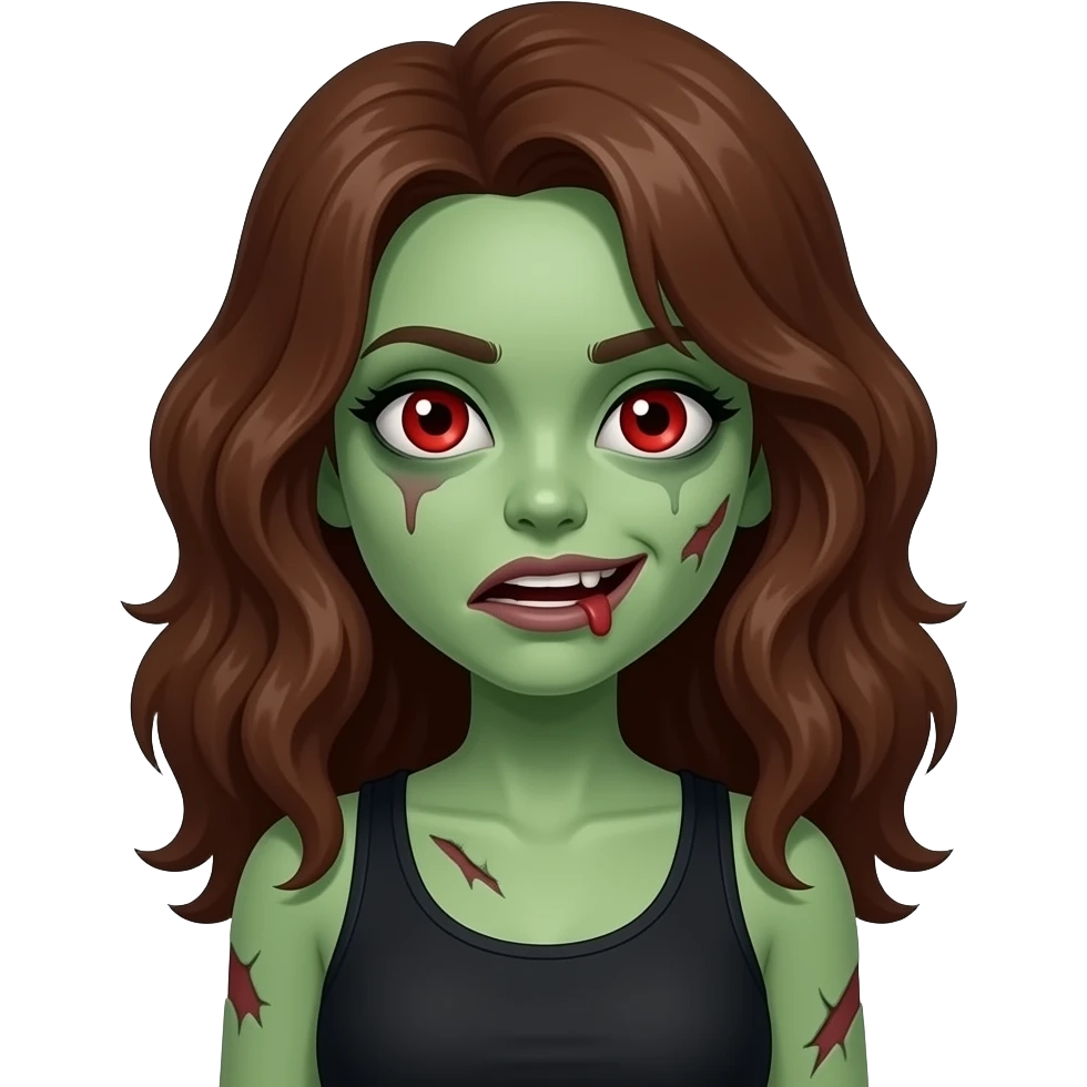 uma menina zumbi de pele verde e estragada com cabelo grande, marrom e ondulado e olhos vermelhos e regata preta emoji