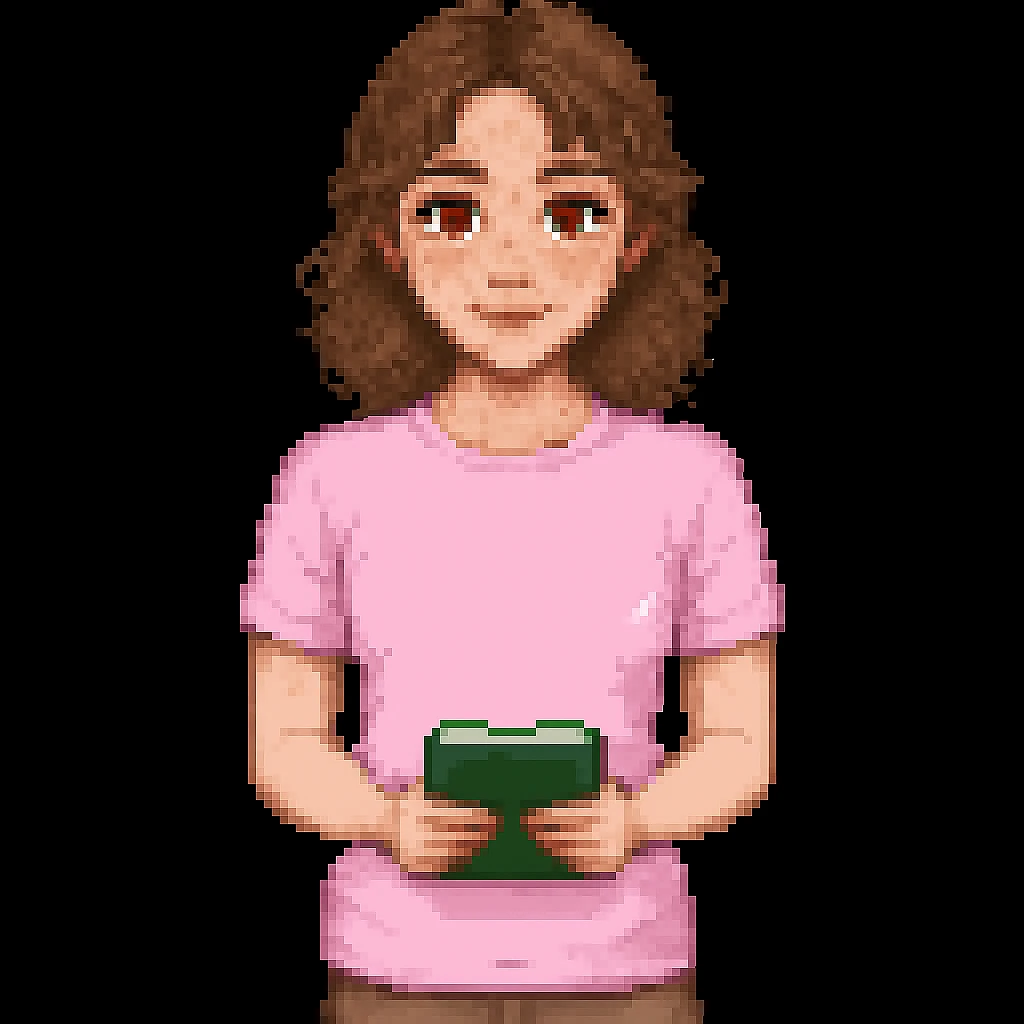 Add brown eyes and freckles on the cheeks to the pixel art teacher with brown hair, white skin, and pink t-shirt. Keep the original pixel art style. emoji