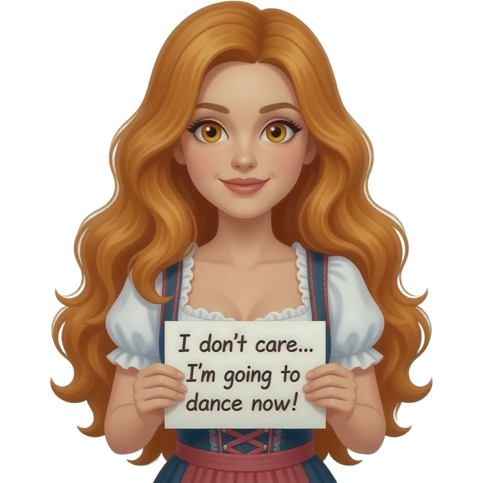 sexy girl with overlong ginger hair and ginger eyes wearing a dirndl holding MIR DOCH EGAL... Ich gehe jetzt TANZEN! sign emoji