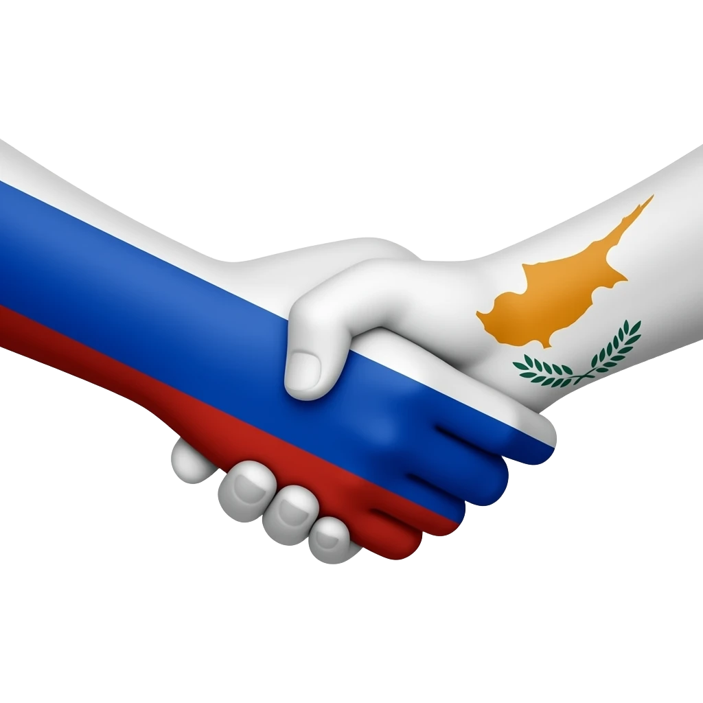 Две руки пожимают друг друга, одна рука в цветах российского флага (белый, синий, красный), другая в цветах флага Кипра, квадратное изображение, стиль эмодзи, яркие цвета» emoji