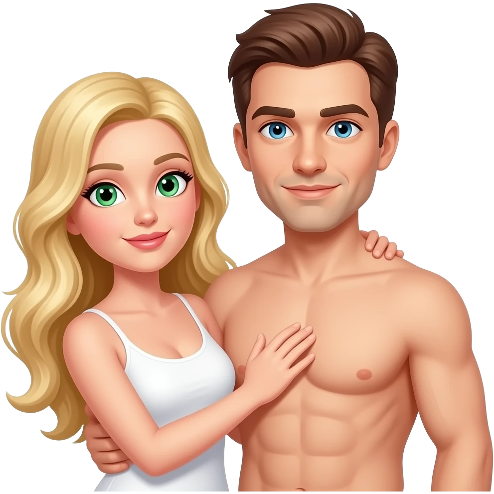 A naked white woman with blonde hair and green eyes holding a naked white male with brown hair and blue eyes without 6 pack abs emoji