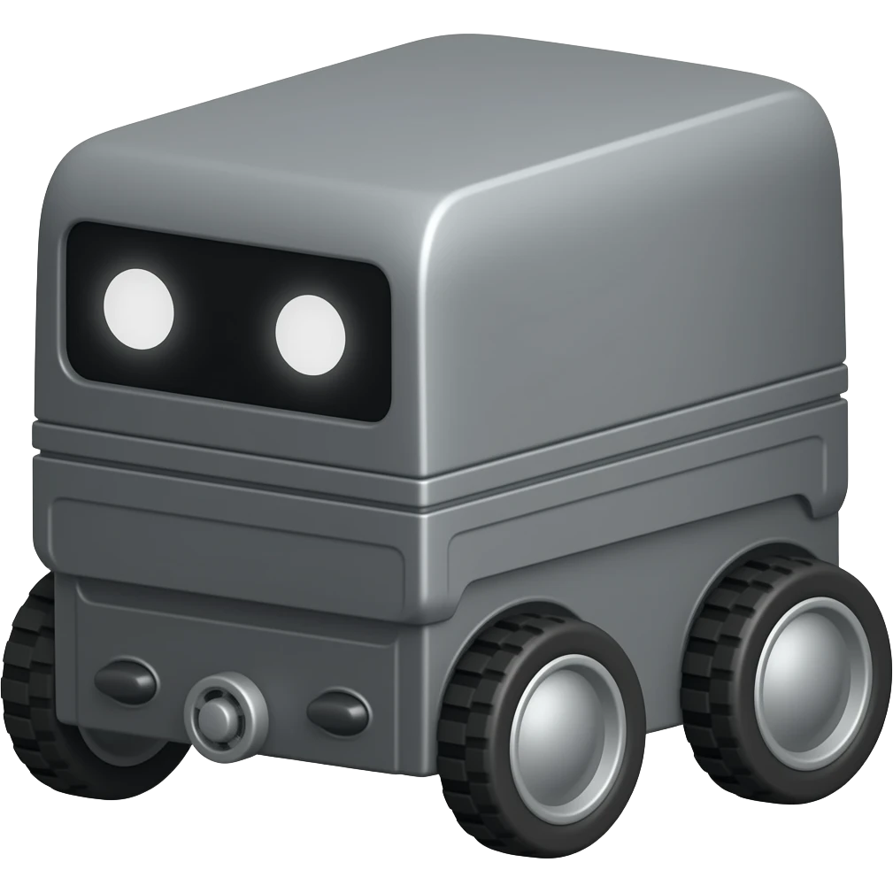Dark grey solid rectangle with 4 wheels  and a display shows a white robot eyes as the delivery robot emoji