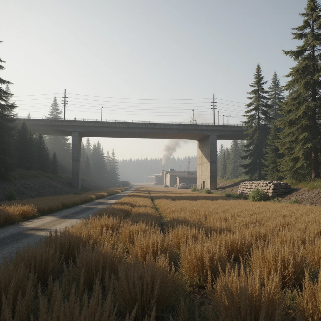  a screenshot of a location in a videogame  the image of the scene consists of: a tall above-ground freeway with a collapsed section in the distance, a wooded area, a small field of wheat, a tall workshop in the distance, and 2-foot tall sandbag wall-fortifications. distant smoke emoji