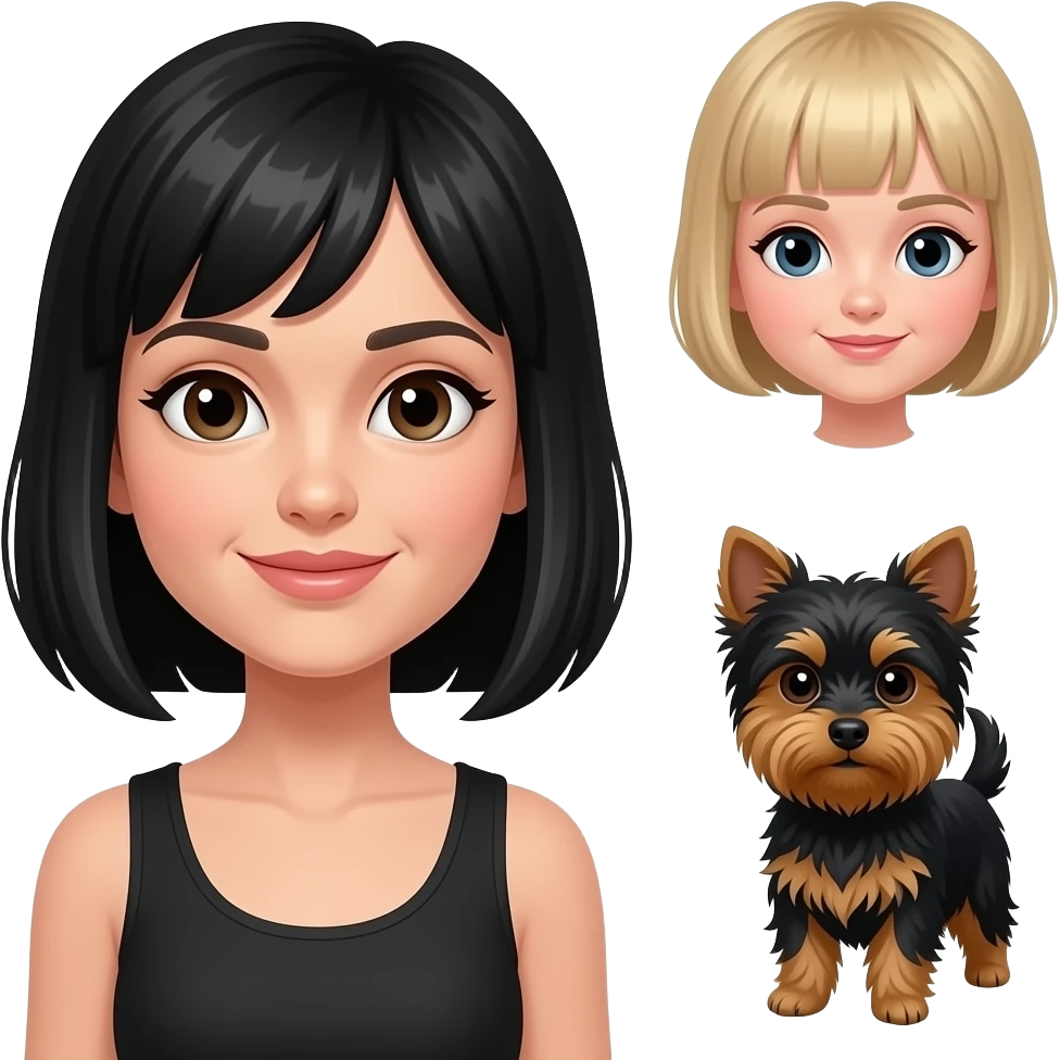 woman with bob haircut with little Yorkshire full black without any brown brown and long hair in the eye and little blond girl with pixie cut emoji