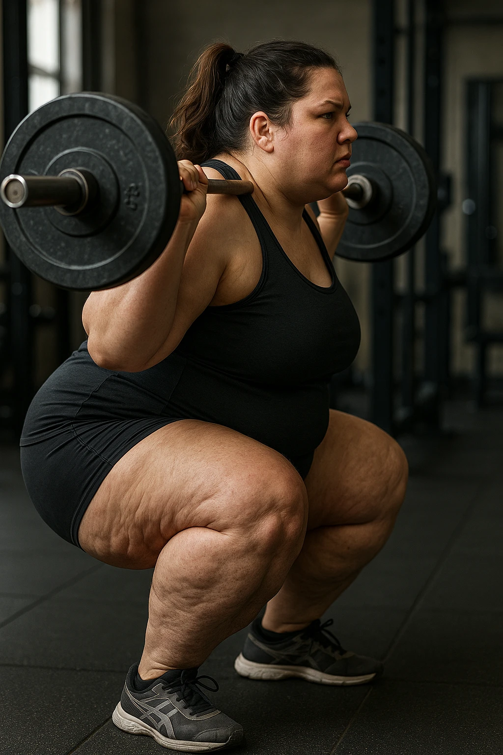 donna grassa con lipedema alle gambe che fa uno squat di profilo con bilanciere, IPERREALISTICA 4K emoji