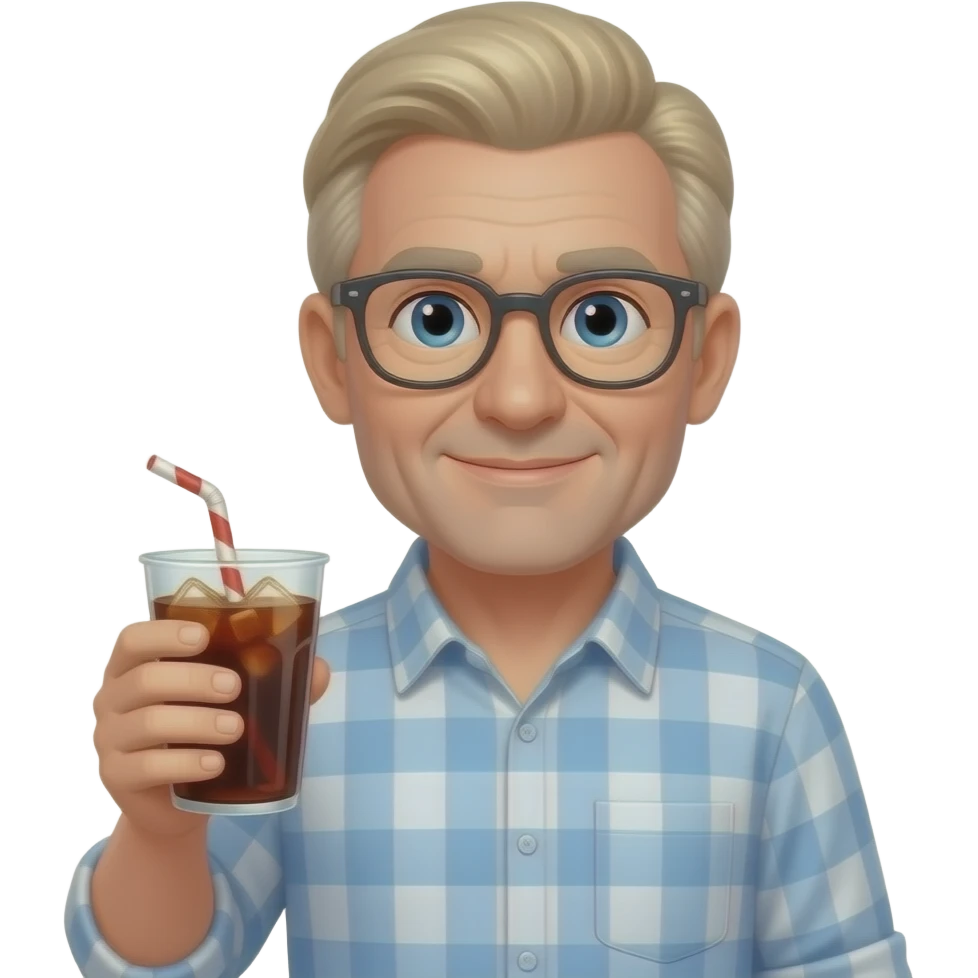 use a round guys face shape -- white man with no beard in his 60s - no glasses no defined jaw - wearing a button down -- with blond salt and pepper hair holding a cup of soda emoji