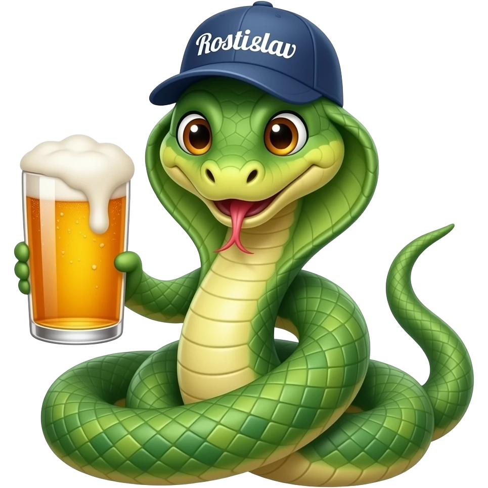 A snake in a cap with the inscription Rostislav is wrapped around a glass of beer. emoji