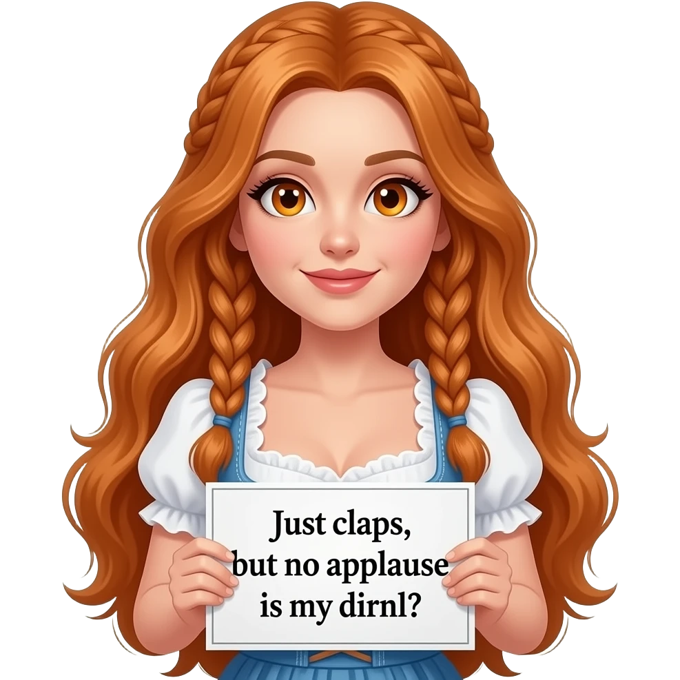 sexy girl with overlong ginger hair in braids and ginger eyes wearing a dirndl holding a Gleich KLATSCHT'S aber kein APPLAUS is my DIRNDL? sign emoji
