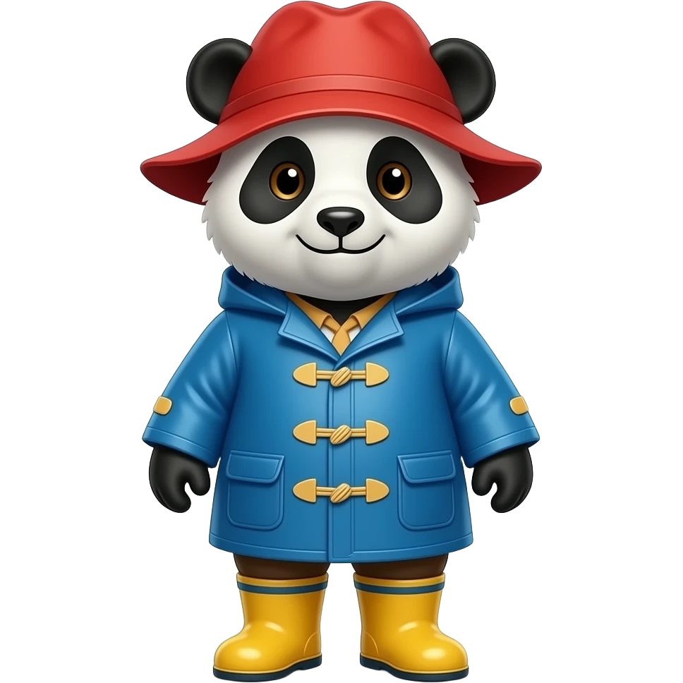 Panda with Paddington raincoat and rain boots with red hat emoji