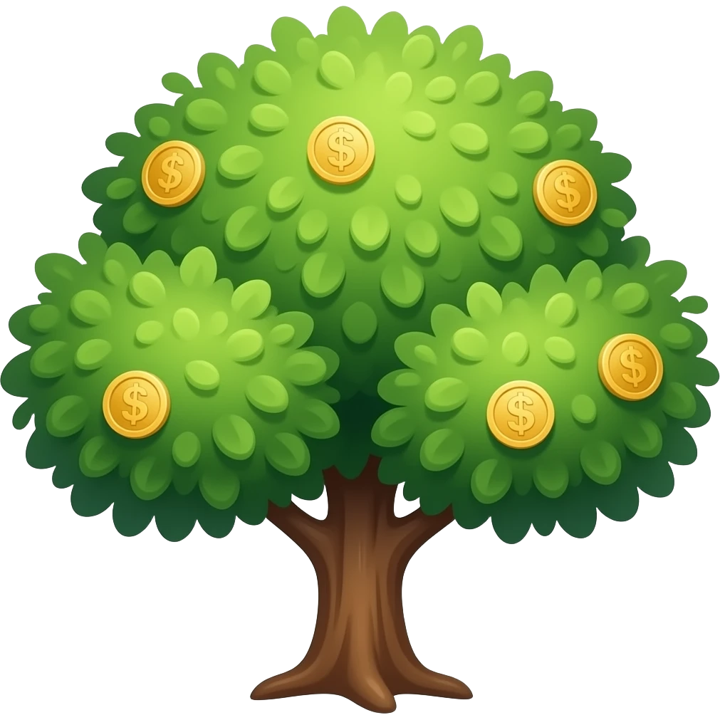 iPhone style tree emoji, glossy green leaves, gold coins, dark background. emoji