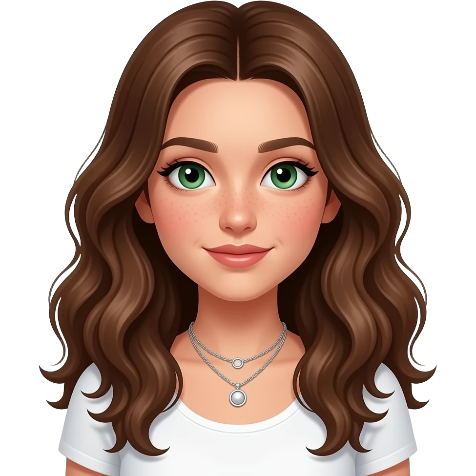 CUTE GIRL PREPPY WITH not volominous WITH WAVEY LONG BROWN HAIR, FRECKLES AND GREEN EYES IN CUTE WHITE TOP WITH SILVER NECKLES, STUDY GIRL emoji