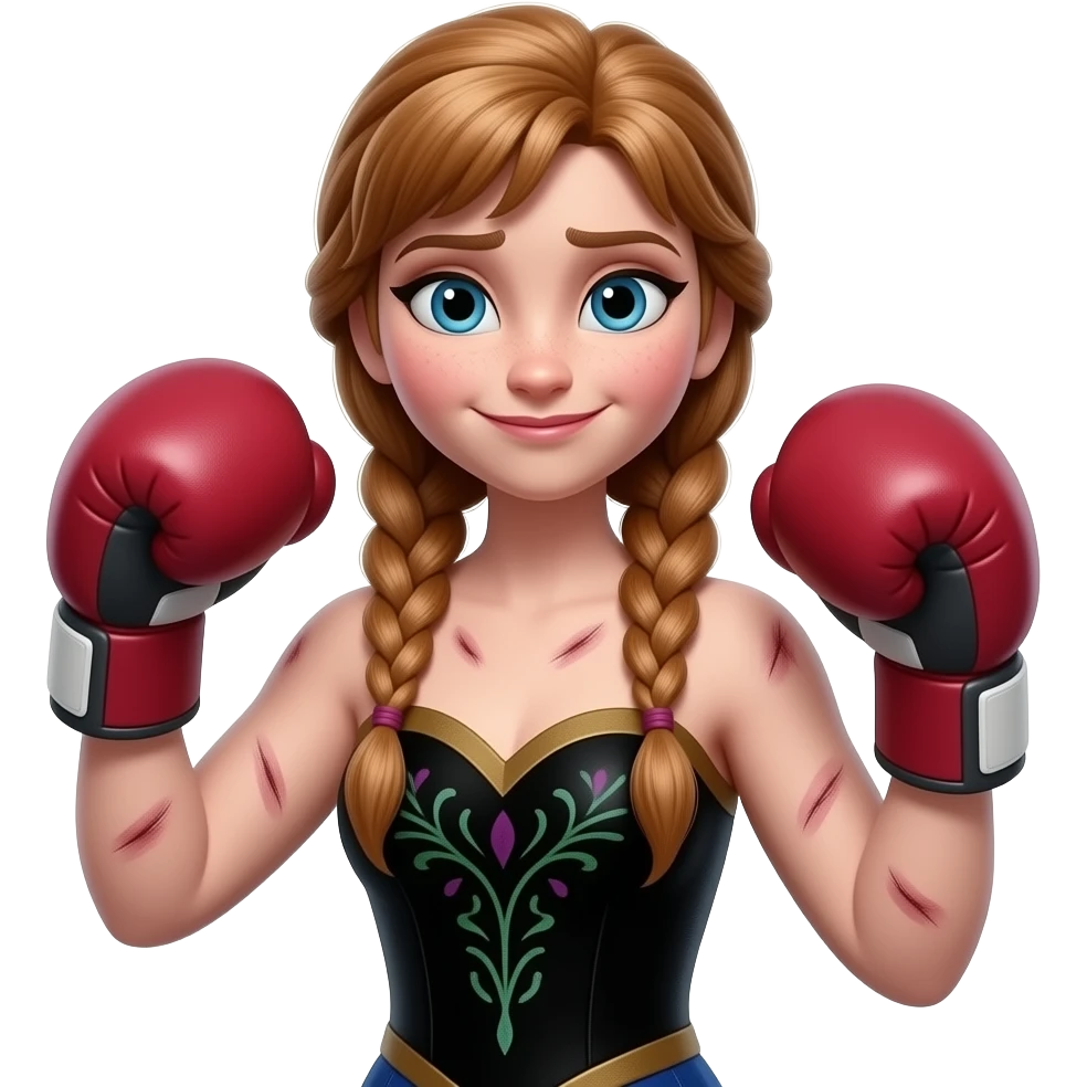 topless boxing, brown two braided haired female anna arendelle, from disney frozen, have bruised emoji