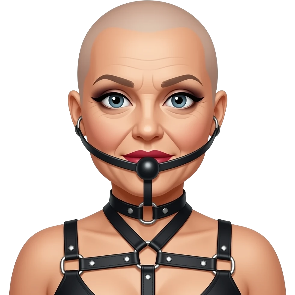 bondage bald lipstick eye shadow smokey eyes makeup bra 50 years old gag ball tied up harness feminized emoji