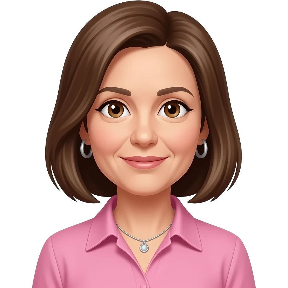 woman in 40s  ,with brown longer to shoulder, side parting, straight highlighed hair all one length with just a bit of layering at the front, pink formal shirt with collar, wearing hoop earrings and necklace, brown eyes, hoop earrings and necklace emoji