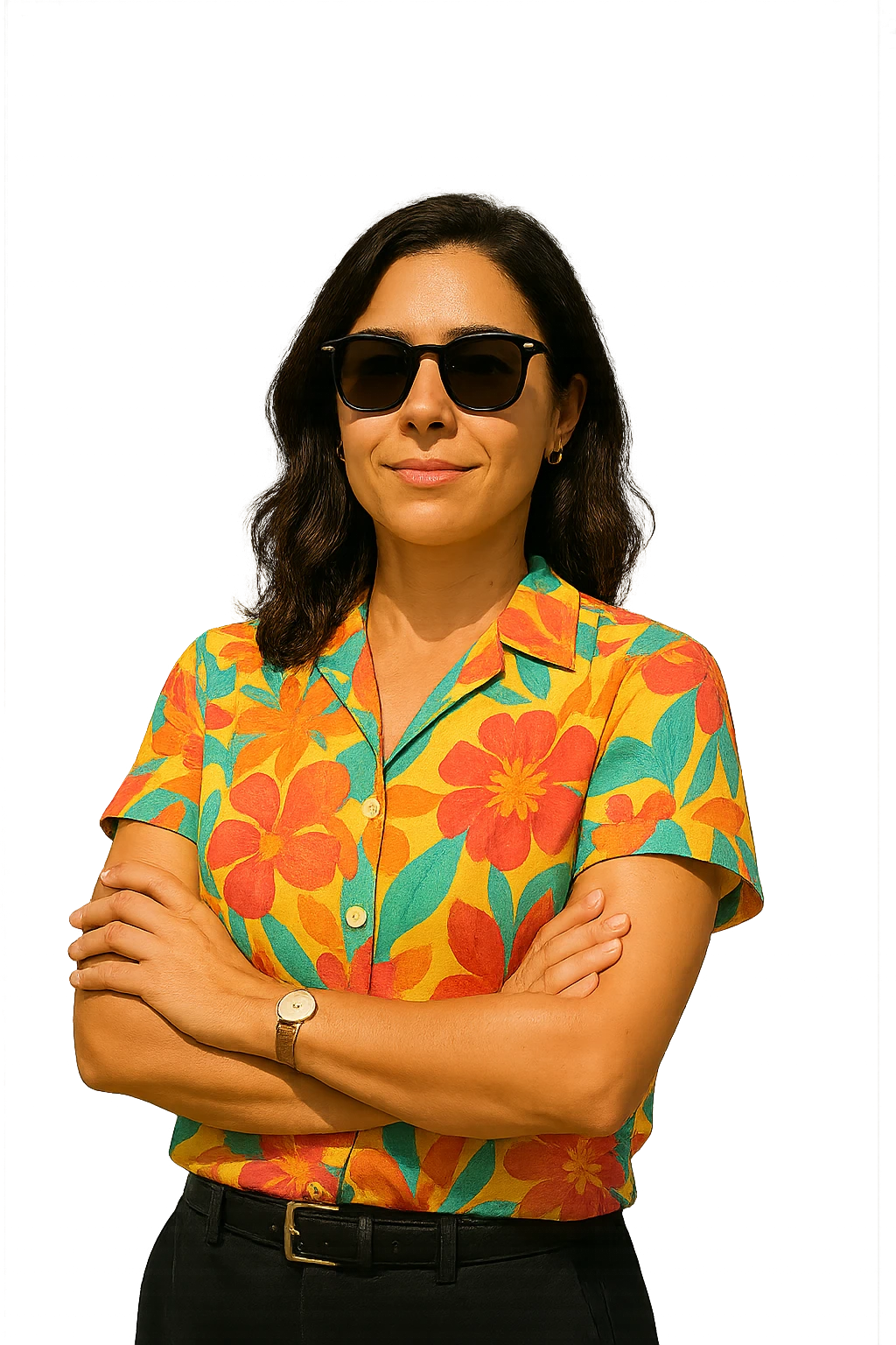 Remove the background, keep the female real estate agent wearing sunglasses in a summer vacation style, on a transparent background. emoji