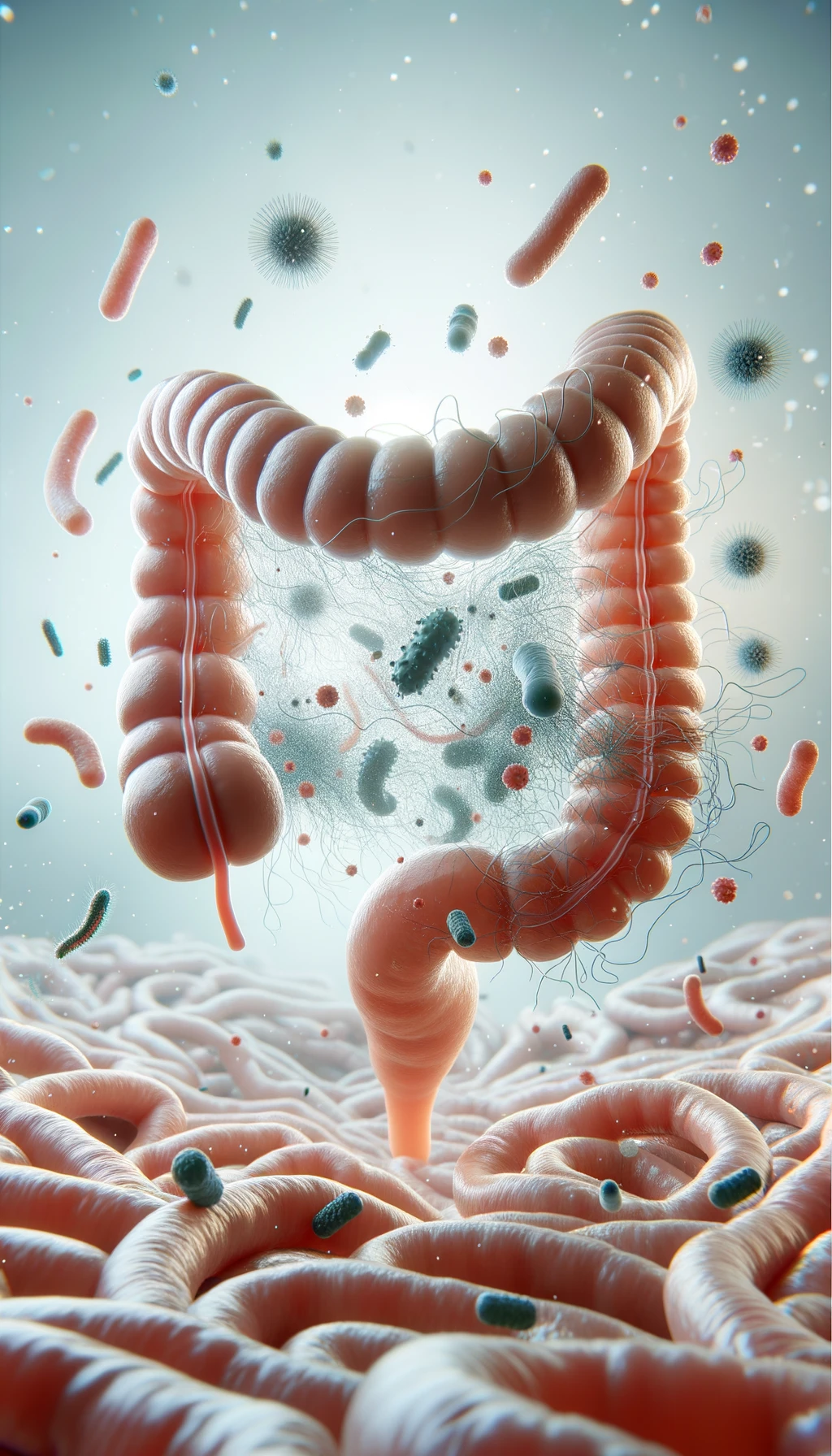 intestino umano realistico con batteri e parassiti che gli fluttuano intorno, sfondo chiaro, iperrealistico 4k emoji