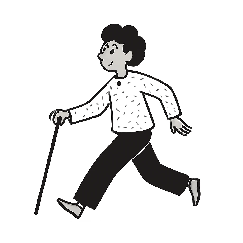 Change the walking pose of the elderly woman with short hair to a brisk walk. Keep the black doodle style look in mind while editing. emoji
