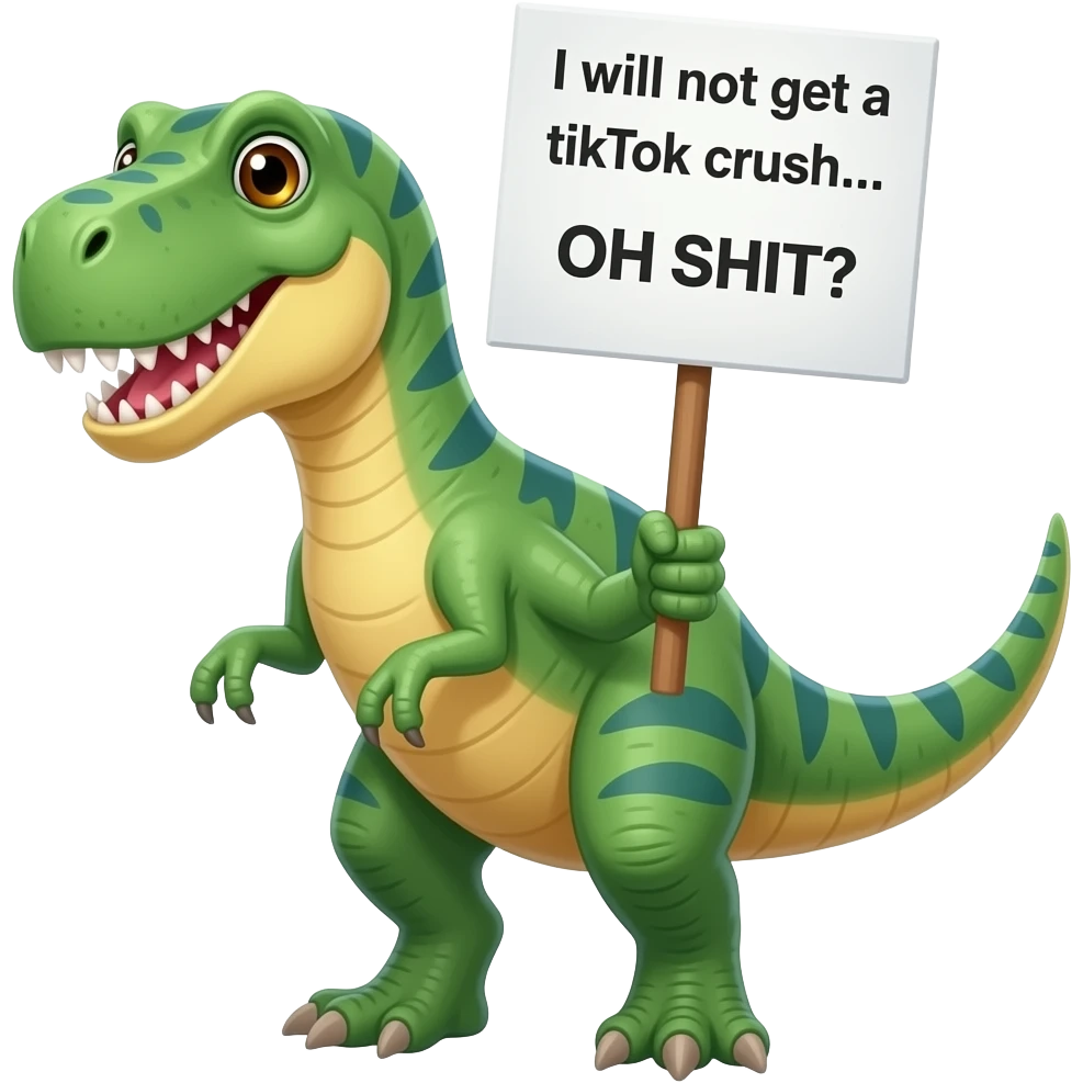 dinossaur holding a sign that says the following "I will not get a tiktok crush... OH SHIT" emoji
