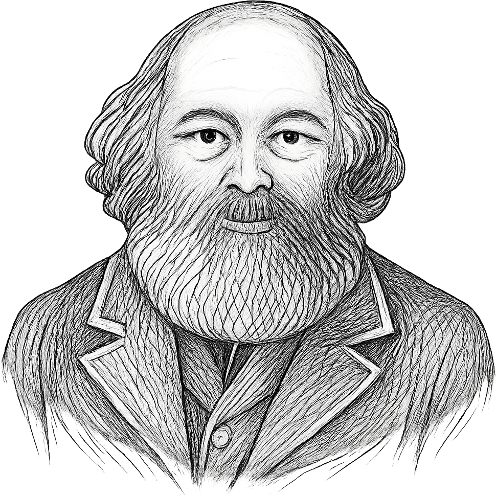 Adjust the hand-drawn portrait of Mikhail Bakounine to make his eyes look more natural and realistic, maintaining the detailed black outline style with no fill. emoji