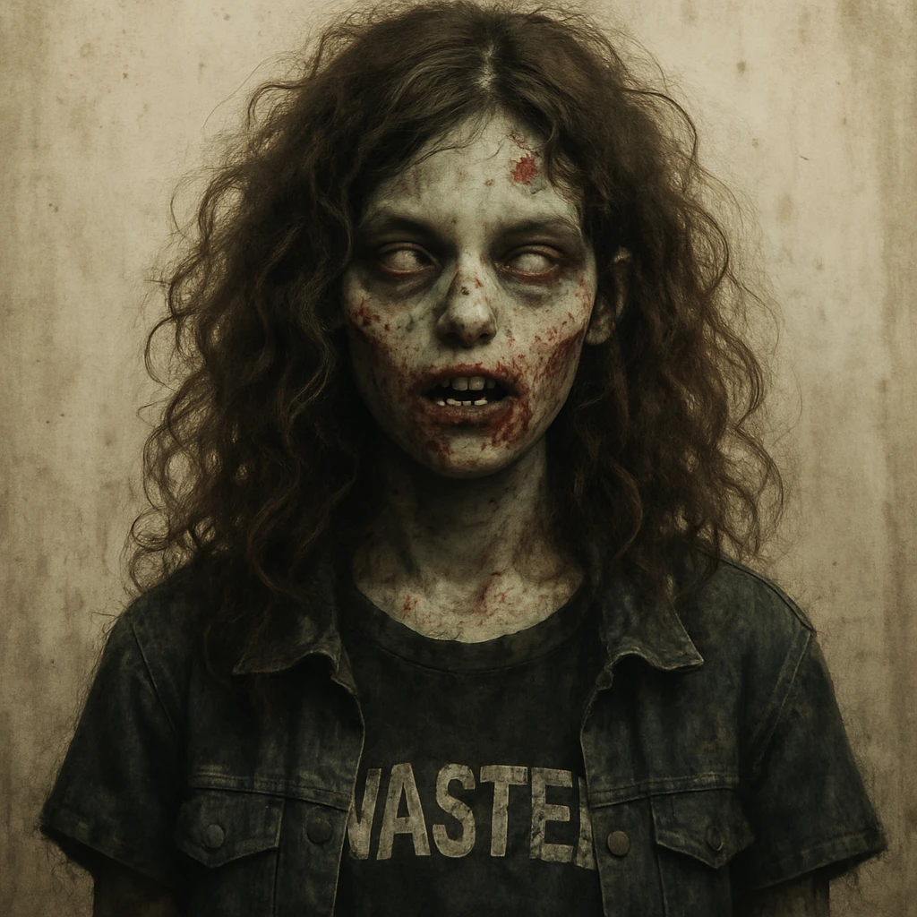 zombie teen girl with brown hair, grunge style, Curly hair emoji