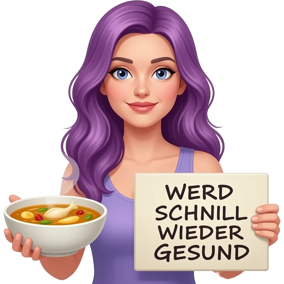 sexy girl with long purple hair holding a chicken soup and a WERD SCHNELL WIEDER GESUND sign emoji