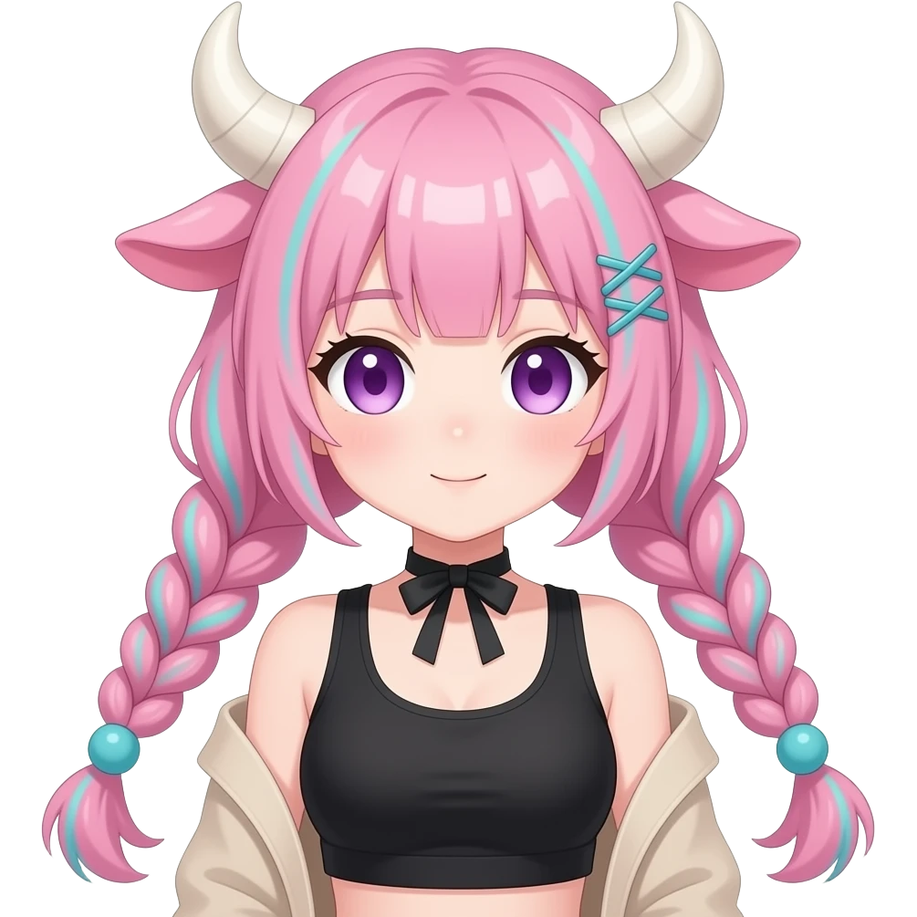 Cute pretty anime woman with big white bull horns, pink braided hair with thing cyan stripes and cyan ball-shaped hair ties, pink cow ears on the sides of head, Black cropped top; beige detached long sleeves, neck ribbon, purple eyes emoji