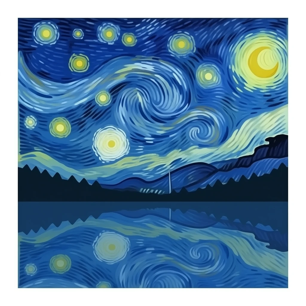 aesthetic starry night emoji, painterly style, swirling sky, glowing stars, reflections on water, minimal but artistic design emoji